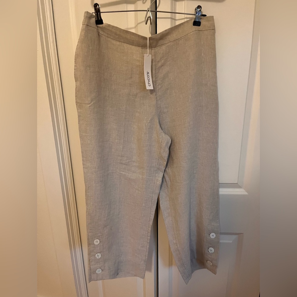 Chico's Oatmeal Linen Crop Pants with Button Detail